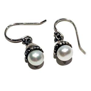 Sterling Silver White Pearl Dome Drop Earrings